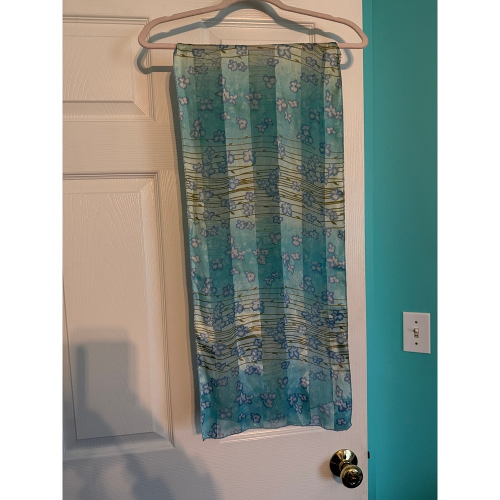 Blue Floral Striped Sheer Satin Rectangular Scarf Lightweight Accessory